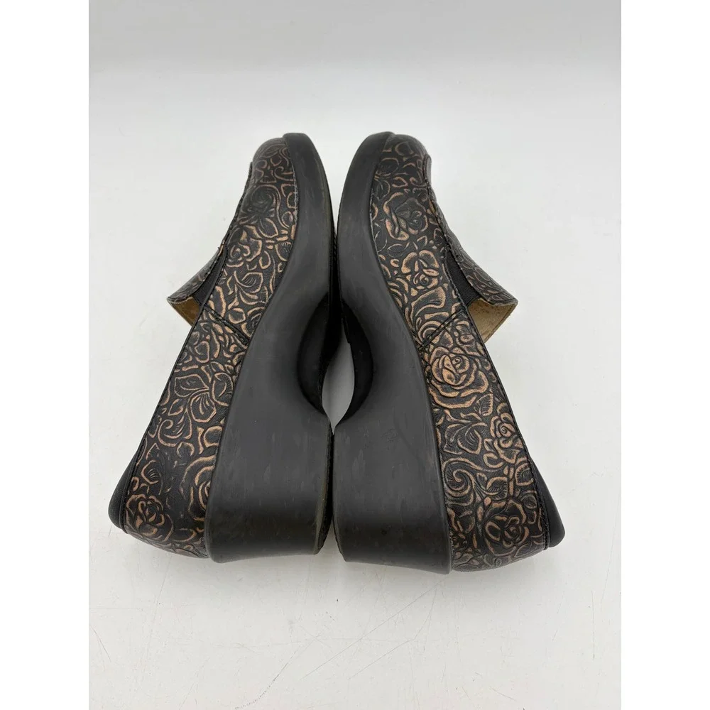 Alegria Emma Bronze Rose Embossed Floral Leather Wedge Black Women 9.5-10 EU 40